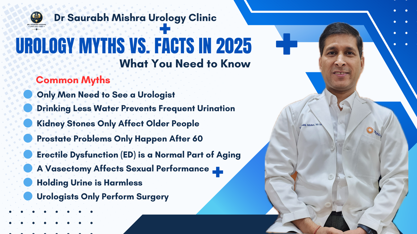Urology Myths vs. Facts in 2025 – Dr. Saurabh Mishra Urology Clinic. Common myths about urology, including misconceptions about kidney stones, prostate problems, erectile dysfunction, and urinary health, debunked by Dr. Saurabh Mishra