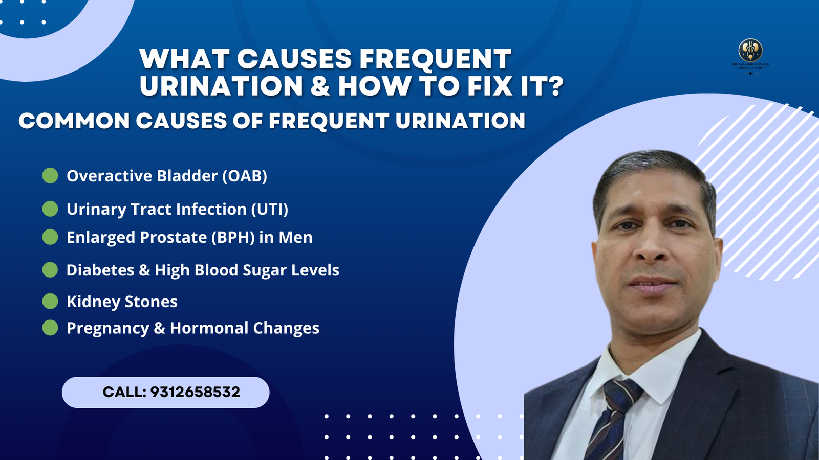 "Dr. Saurabh Mishra explains the common causes of frequent urination, including overactive bladder, urinary tract infections (UTIs), enlarged prostate (BPH), diabetes, kidney stones, and hormonal changes. Contact: 9312658532."