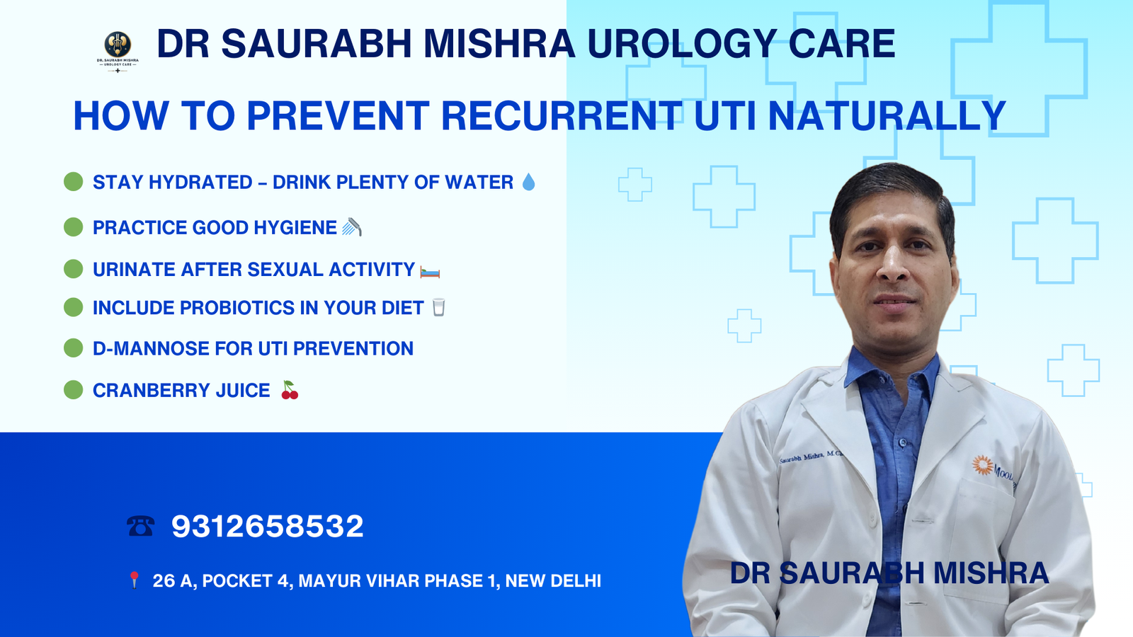 Dr. Saurabh Mishra Urology Care - How to Prevent Recurrent UTI Naturally with Tips for Hydration, Hygiene, and Diet.