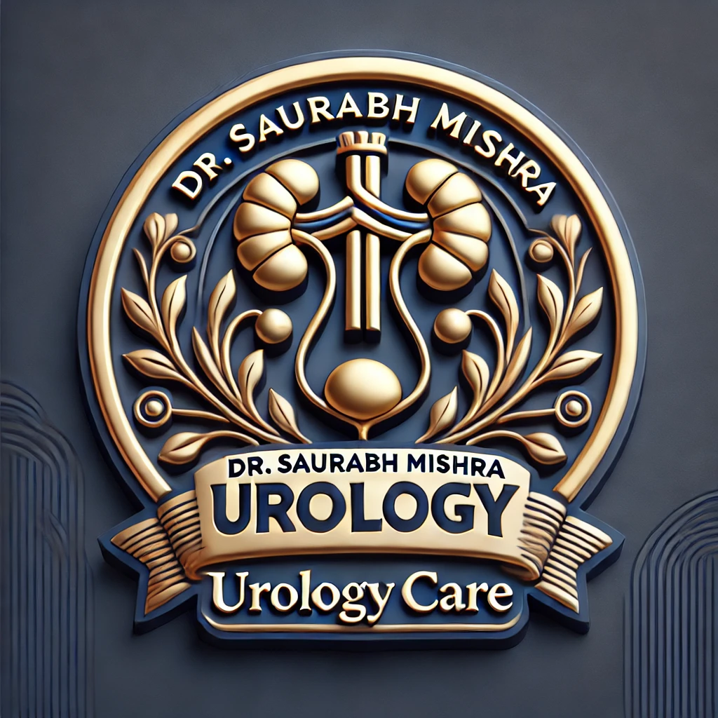 3D logo for "Dr. Saurabh Mishra Urology Care" in a gold and navy blue color scheme. The design features stylized kidneys and the urinary system within a circular emblem, surrounded by laurel leaves, symbolizing medical excellence and trust. best-urologist-in-delhi-dr-saurabh-mishra