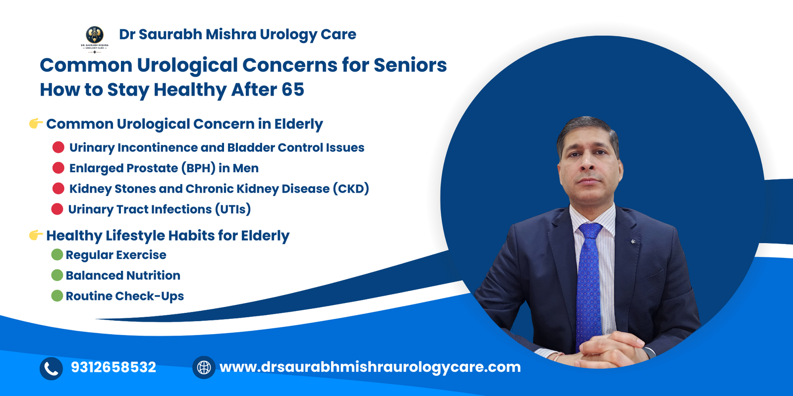 Infographic by Dr. Saurabh Mishra Urology Care titled “Common Urological Concerns for Seniors: How to Stay Healthy After 65,” listing issues like urinary incontinence, enlarged prostate, kidney stones, UTIs, and healthy lifestyle habits, with a photo of Dr. Saurabh Mishra on the right.