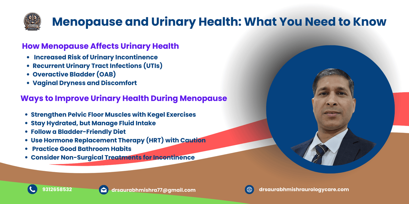 Infographic on "Menopause and Urinary Health: What You Need to Know," featuring key points on how menopause affects urinary health, ways to improve bladder control, and a professional photo of Dr. Saurabh Mishra. Contact details, including phone number, email, and website (drsaurabhmishraurologycare.com), are displayed for consultation.