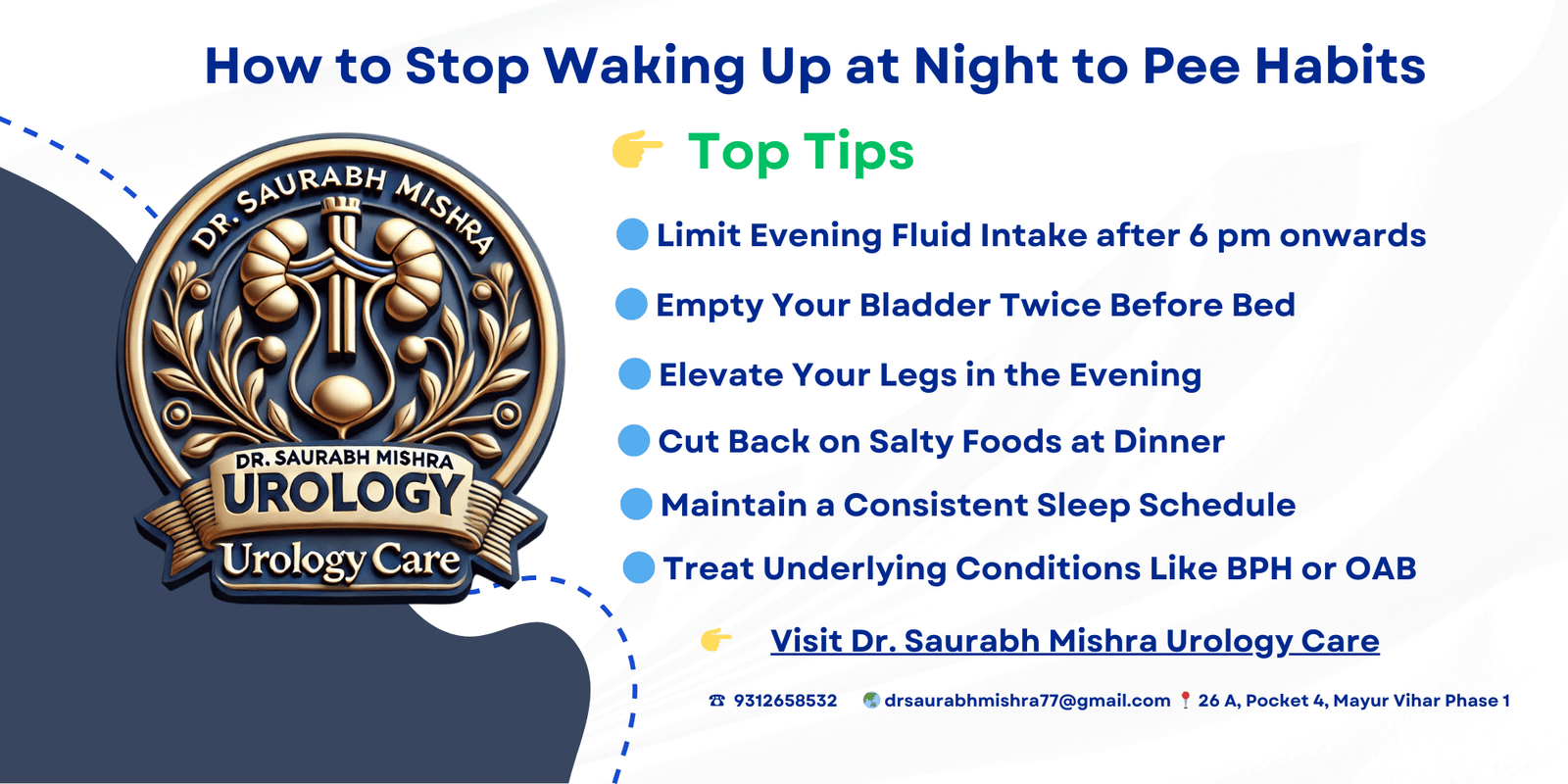 How to Stop Waking Up at Night to Pee Habits - Dr. Saurabh Mishra Urology Care tips including fluid restriction, sleep hygiene, and BPH management
