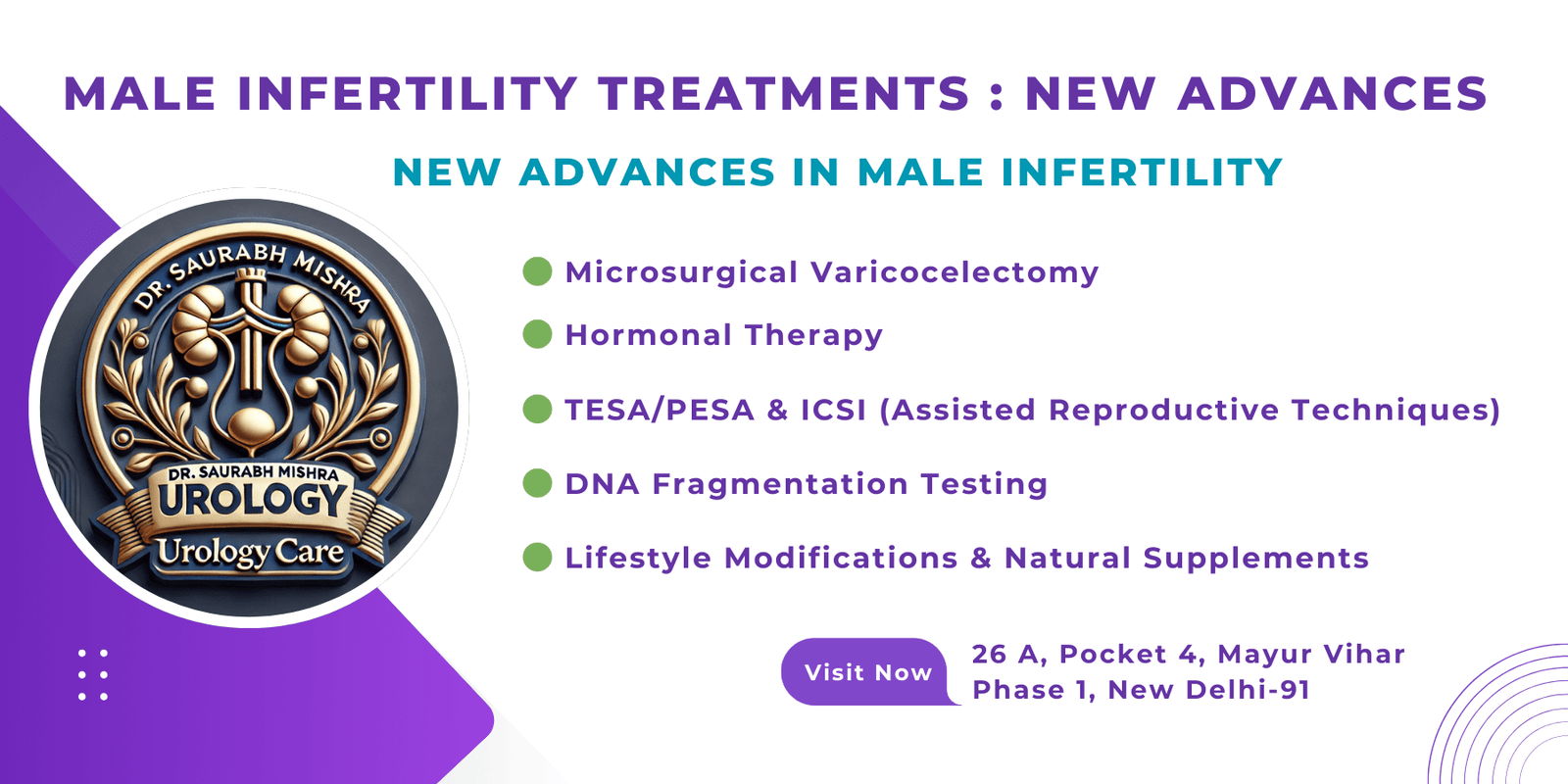Infographic on Male Infertility Treatments showing new advances like microsurgical varicocelectomy, hormonal therapy, TESA/PESA, DNA testing, and lifestyle changes by Dr. Saurabh Mishra Urology Care, Delhi.