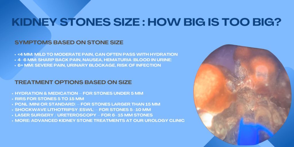 Close-up endoscopic image of kidney stones with size-based treatment guide and symptoms overlay