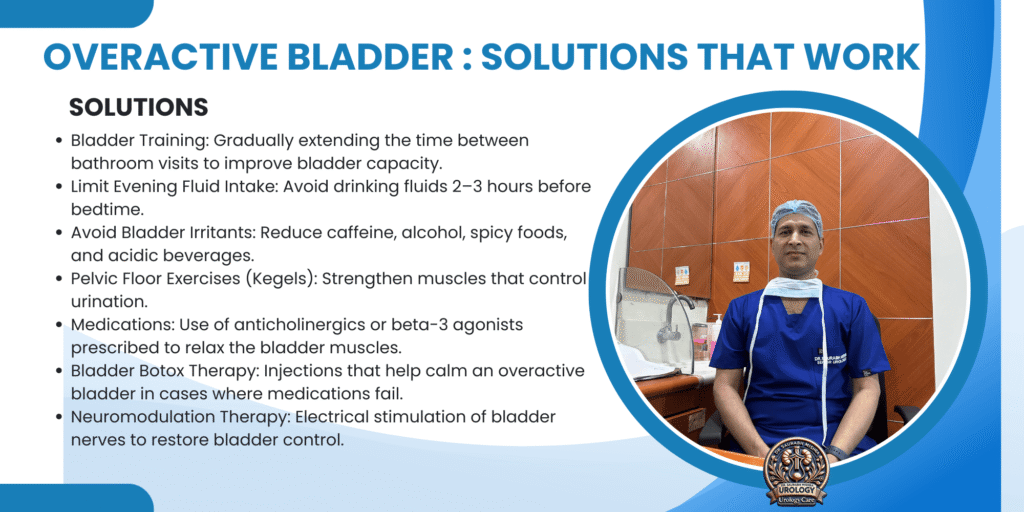 Overactive bladder solutions by Dr. Saurabh Mishra, including bladder training, pelvic exercises, bladder Botox therapy, and neuromodulation for better bladder control.